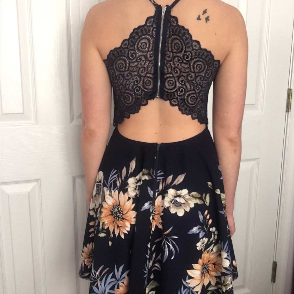 Navy Floral Dress with Lace Open Back